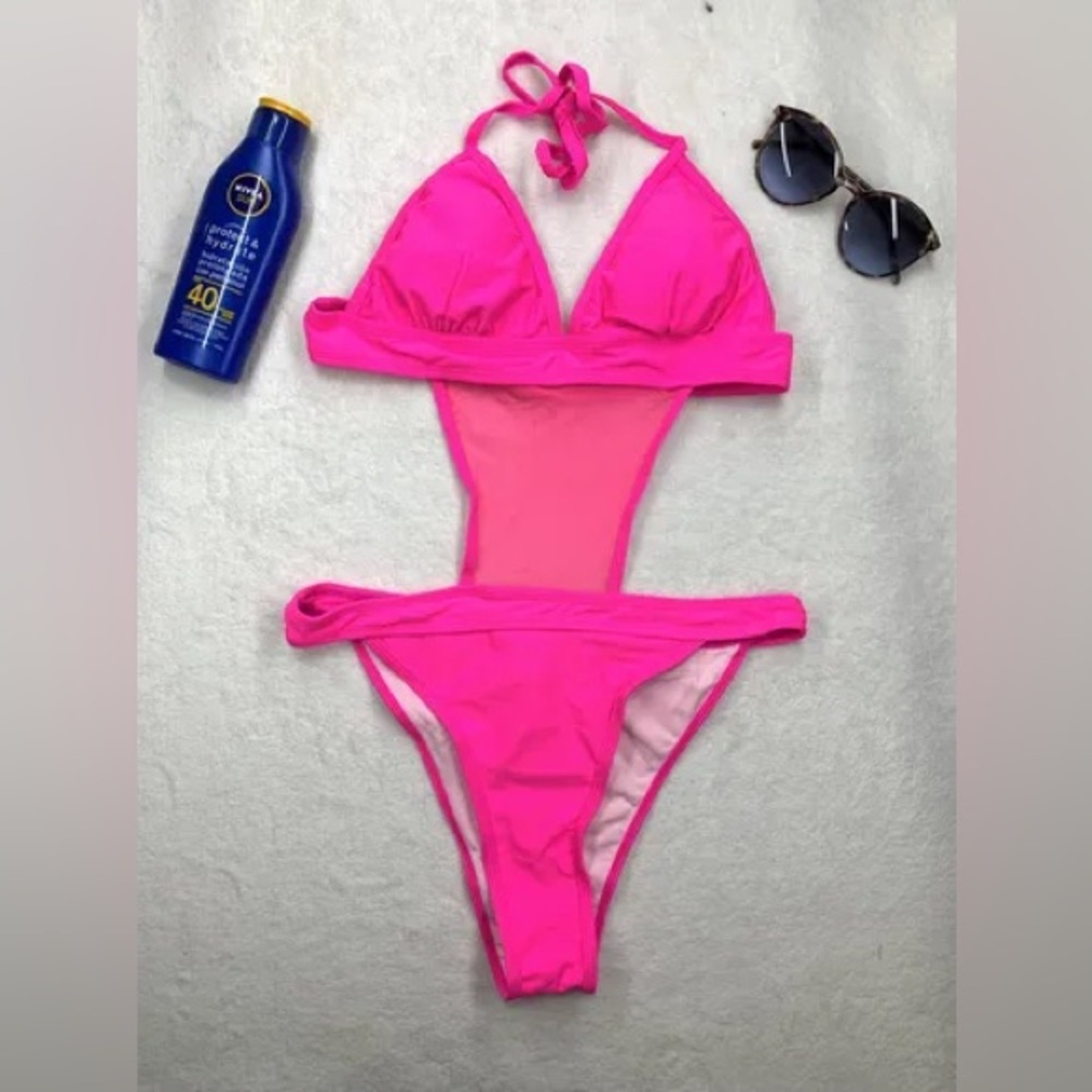 Neon Pink Monokini Cutout Swimsuit Halter Mesh One Piece Size L NWOT